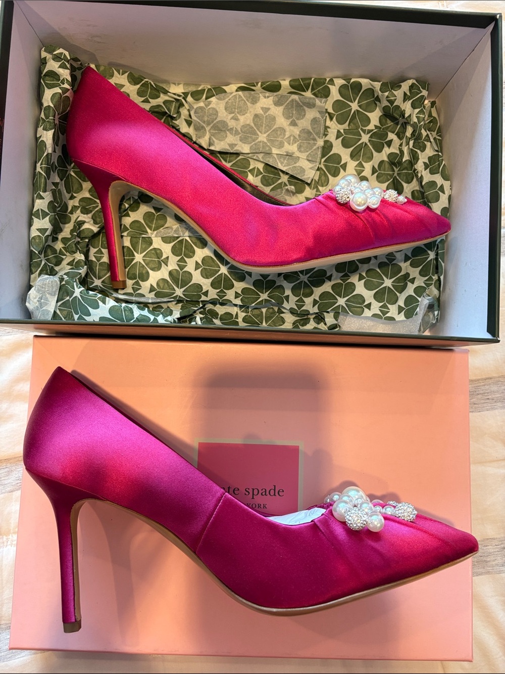 kate spade Elodie Pink Satin Heels with Pearl & Crystal Bows - Picture 2 of 7